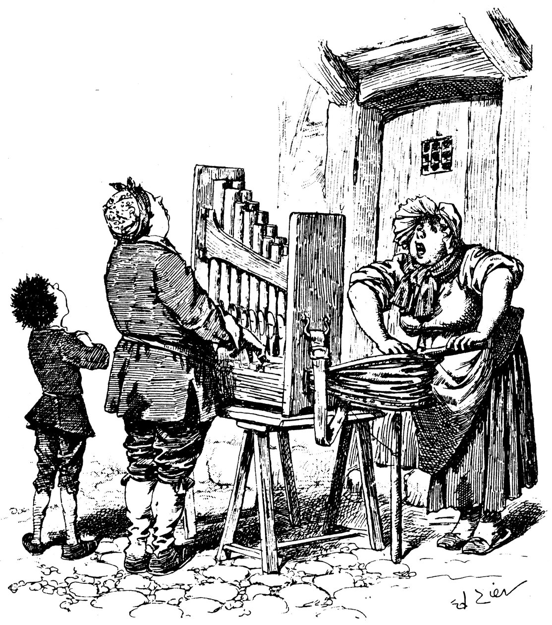 Illustration til Paul Scarrons tegneserieroman: Barbar-orgelspiller er gået rundt på gaden (gravering) af Francois Edouard Zier