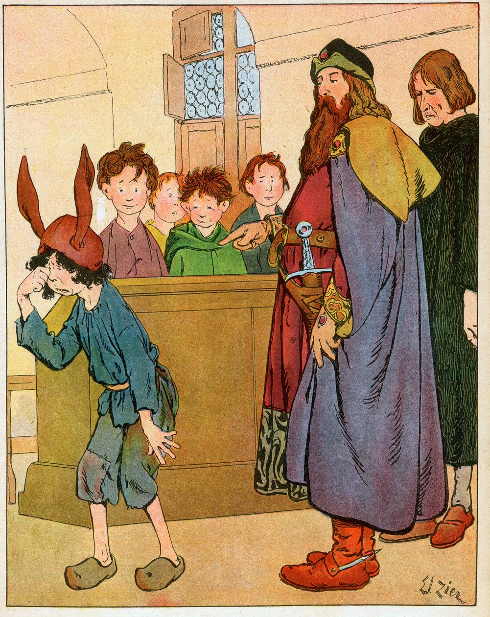 Kong Karl den Store (742-814) etablerede skoler for lægbørn i 789 og mødtes med skolebørn” (Kong Karl den Store besøgte lærde og fremmer uddannelse og skoler for lægbørn) - Illustration af Francois Zier (1856-1924) hentet fra “Nos-Glois - af Francois Edouard Zier