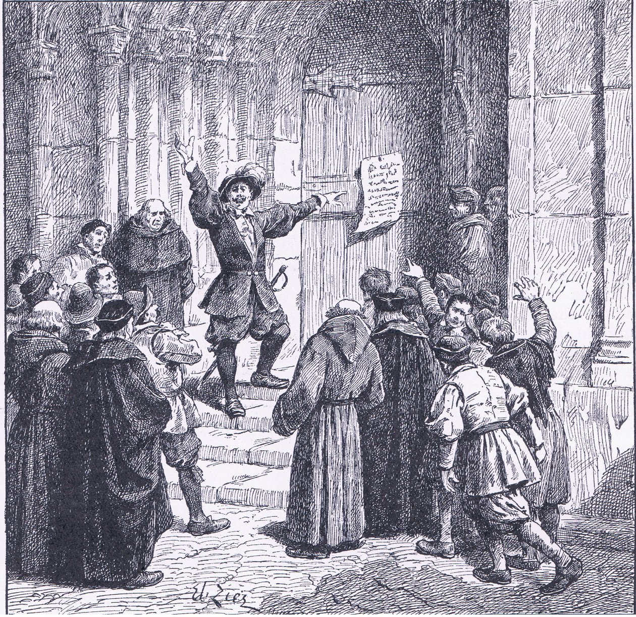 Robert Aske anbringer sin proklamation på døren til York Minster, fra Cassells History of the British People udgivet af Waverley Book Company, ca. 1950