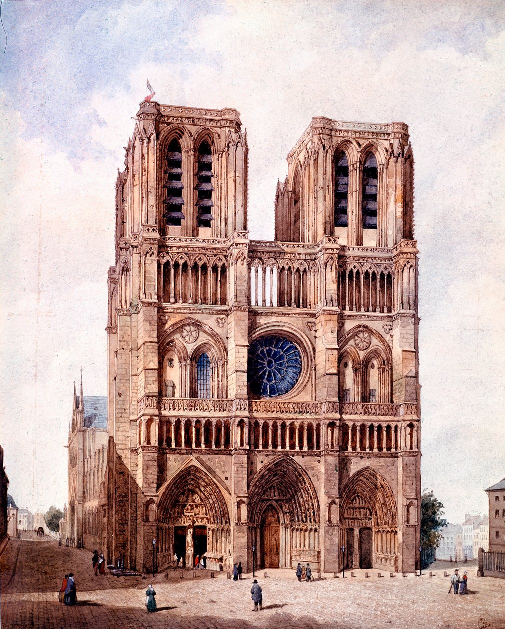 Facaden på Notre Dame-katedralen i Paris Maleri af Francois Etienne Villeret (ca. 1800-1866) 1800-tallets Paris, Musee Carnavalet af Francois Etienne Villeret