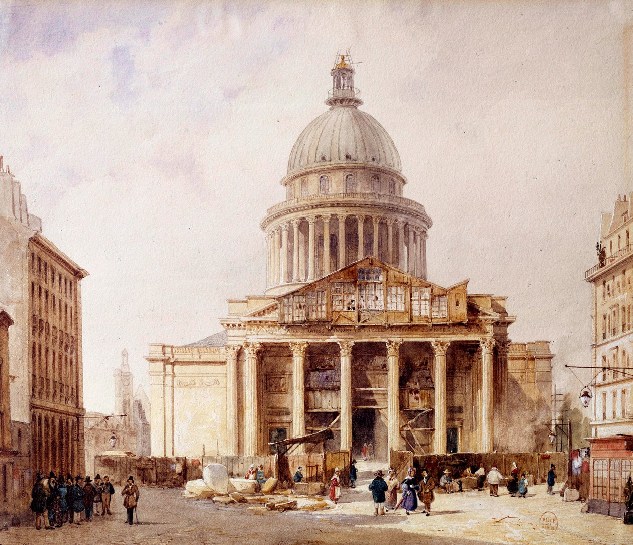 Udsigt over Pantheon under opførelse i Paris fra rue Soufflot Bygningen blev bygget på projektet af Jacques Germain Soufflot (1713-1780) på stedet for kirken Sainte Genevieve. Akvarel af Francois Etienne Villeret (ca. 1800-1866) 1835. P af Francois Etienne Villeret