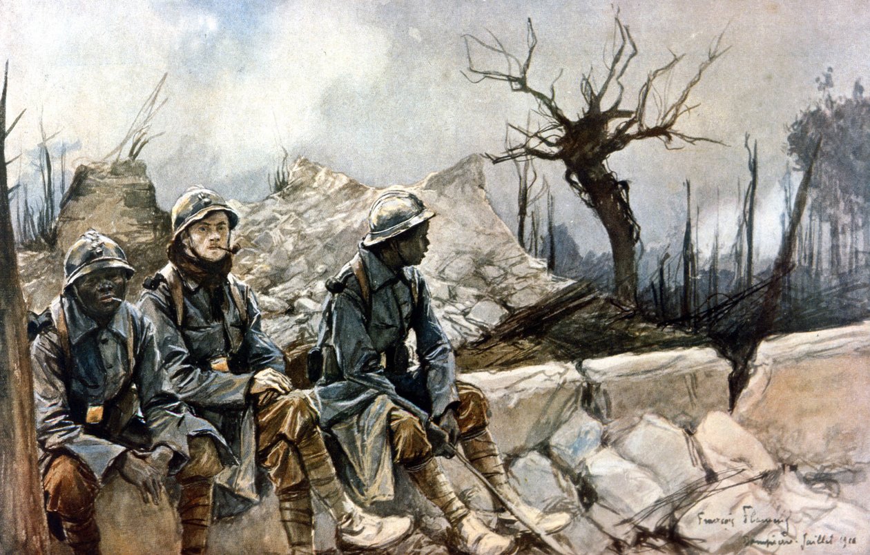 3 franske soldater sidder foran ruinerne af Dampierre-kirken. Krig 1914 - 1918. Maleri af Francois Flameng (1856-1923). Paris, Musee de l