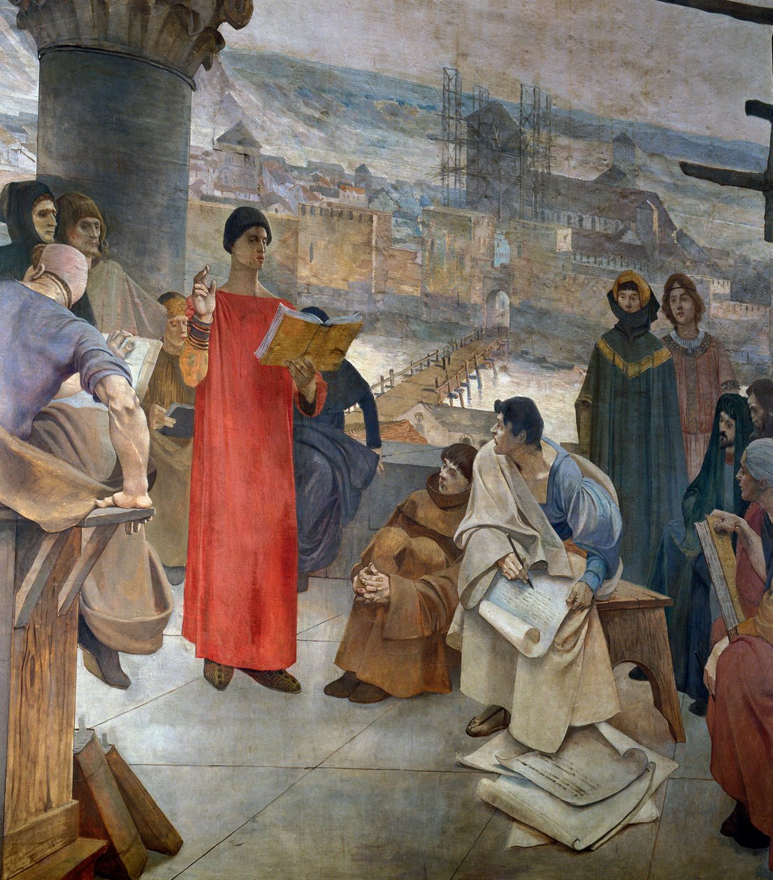 Abelard og hans skole på Sainte Genevieve-bjerget i Paris. Mesteren Pierre Abailard (eller Pierre Abeilard af Francois Flameng