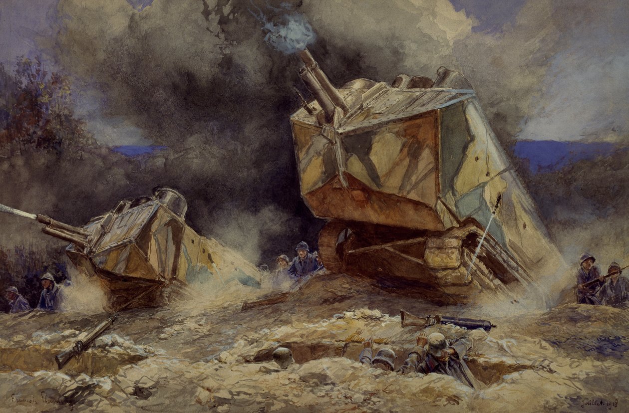 Angreb på infanteri og kampvogne i Saint Chamond, juli 1918 (akvarel) af Francois Flameng