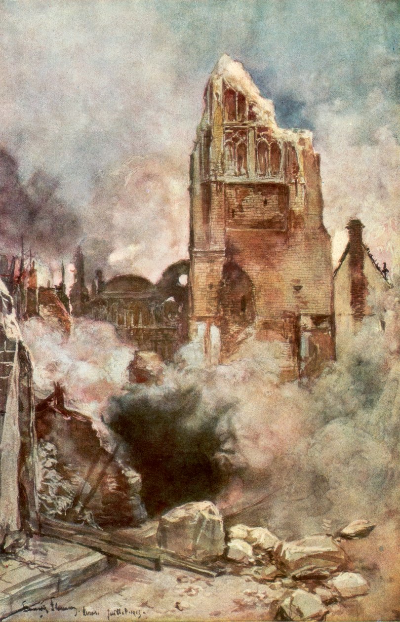 Bombardement af klokketårnet, Arras, Frankrig, juli 1915, 1926. af Francois Flameng