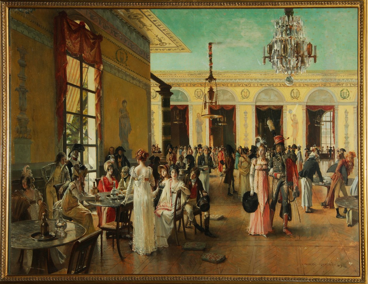Cafe Frascati (Paris, Frankrig), en scene i Napoleons tid (slutningen af ​​18.-1815) - Maleri af Francois Flameng (1856-1923), olie på træ af Francois Flameng