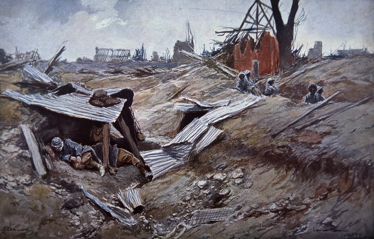 Første slag ved Somme, juni - september 1916: Franske tropper i ruinlandsbyen Dompierre af Francois Flameng