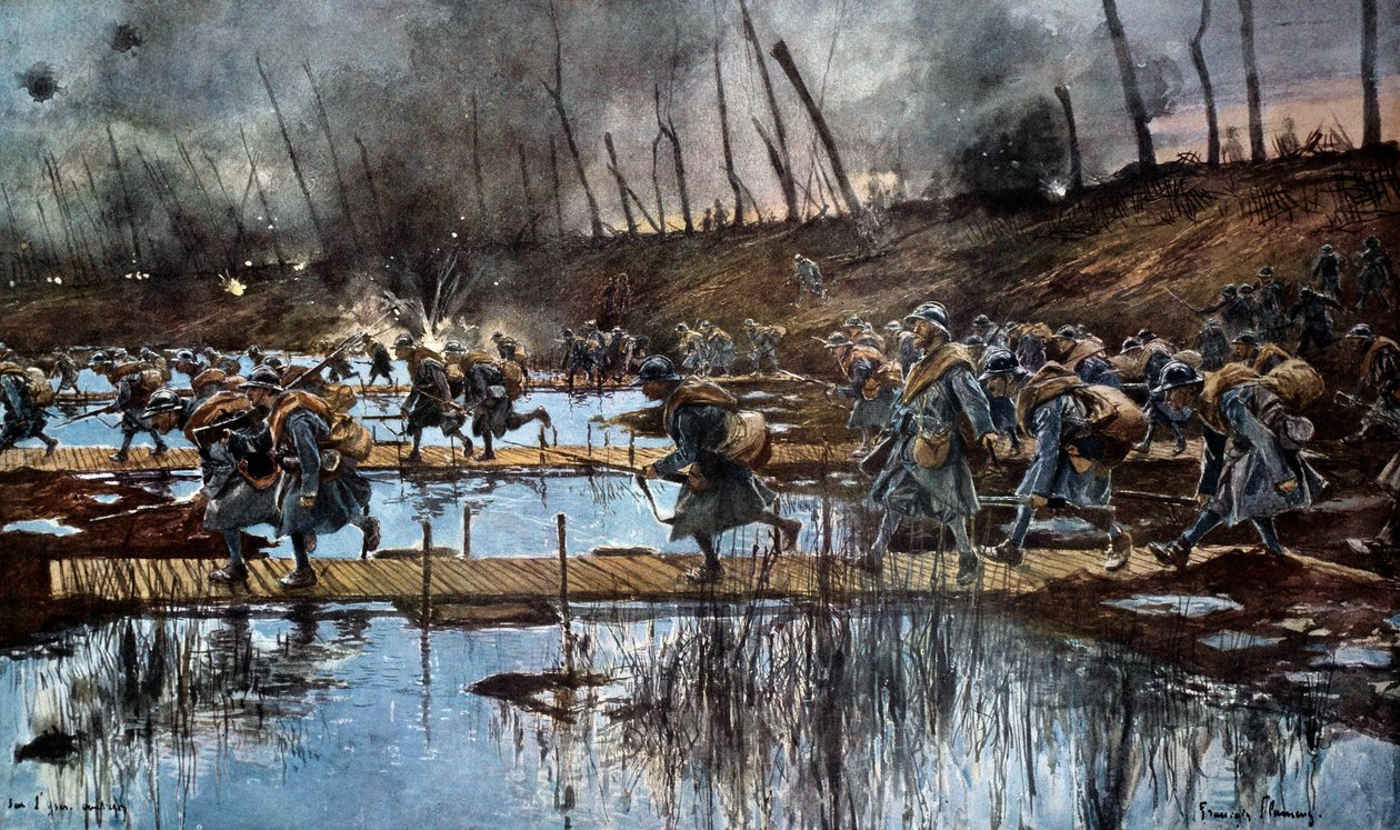 Første Verdenskrig (1914-1918): “” Yserens passage under Flandernoffensiven i 1917”” Akvarelmaleri af Francois Flameng (1856-1923) 1917, 30 x 50 cm. Paris, Musee de l