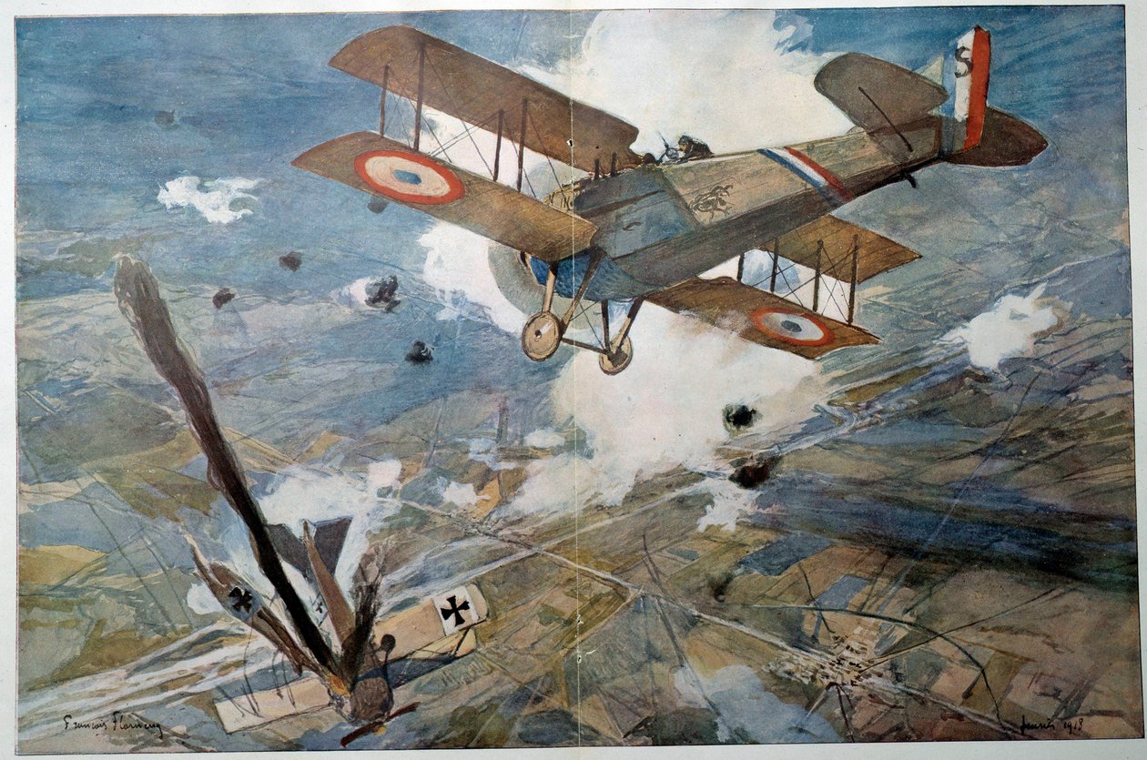 Første Verdenskrig "" Luftkamp"" Fjendens fly falder i flammer. Akvarelmaleri af Francois Flameng (1856-1923) 1918 Privat samling af Francois Flameng