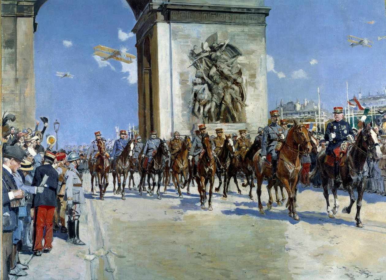Første Verdenskrig: "" Besmittet af sejren den 14/07/1919 over Champs Elysees i Paris"" blandt militæret, Marechal Ferdinand Foch (1851-1929) og Marechal Joseph Joffre (1852-1931). Maleri af Francois Flameng (1856-1919) 1919 Paris, Musee de l