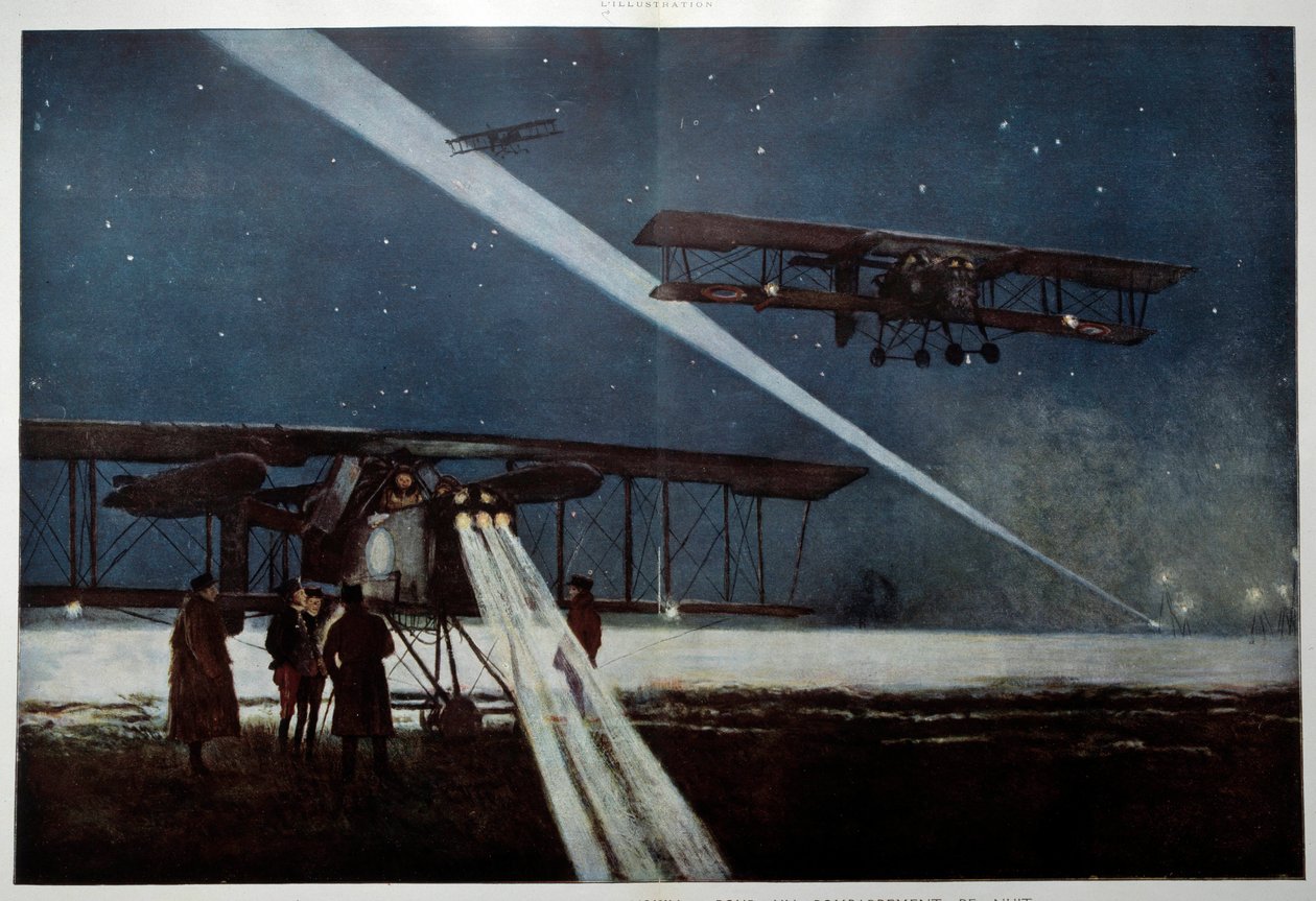 Første Verdenskrig: "" afgår fra en eskadron "" Naboer" til en natbombning i 1918"" Akvarelmaleri af Francois Flameng (1856-1923) 1918 Privat samling af Francois Flameng