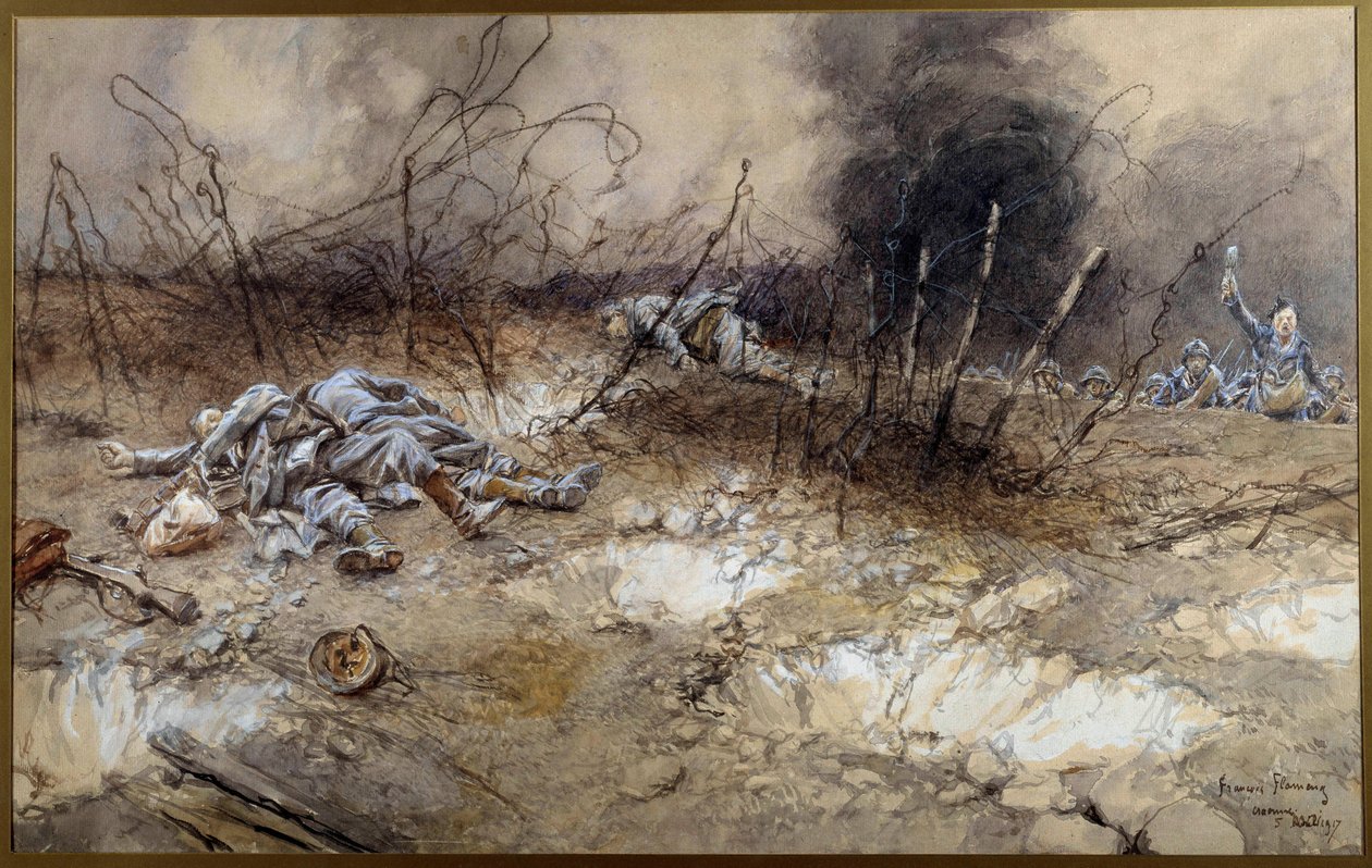 Første Verdenskrig: scene for slaget ved La Craonne den 5/04/1917. Lig af infanterister, der ligger mellem skægget. Akvarel maleri af Francois Flameng (1856-1923) Søn. 0,3x0,56 m Paris, Musee de l