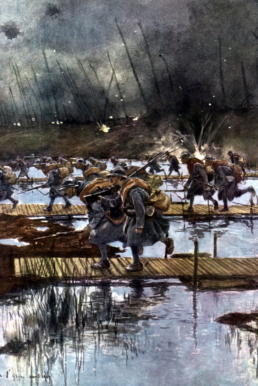 Det franske 1. infanterikorps krydser Yser-kanalen, 31. juli 1917, kl. 4.45 Efter maleri af Francois Flameng (1856-1923), franskmand. af Francois Flameng