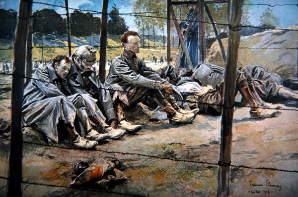 Tyske officerer taget til fange af franskmændene under en allieret offensiv, Første slag ved Somme, juli 1916 (farve litho) af Francois Flameng