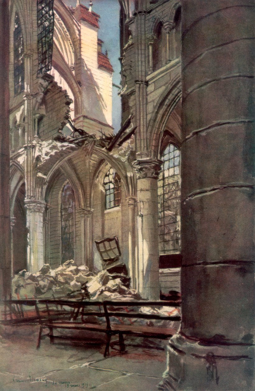 Interiør af ruinerne af Saint Jean des Vignes Abbey, Soissons, Frankrig, 18. maj 1915, 1926. af Francois Flameng