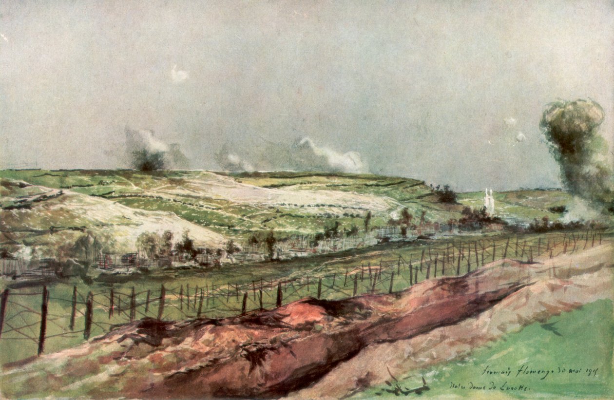 Notre Dame de Lorette og St. Nazaire, Ablain, under bombardement, Artois, Frankrig, 1915, 1926. af Francois Flameng