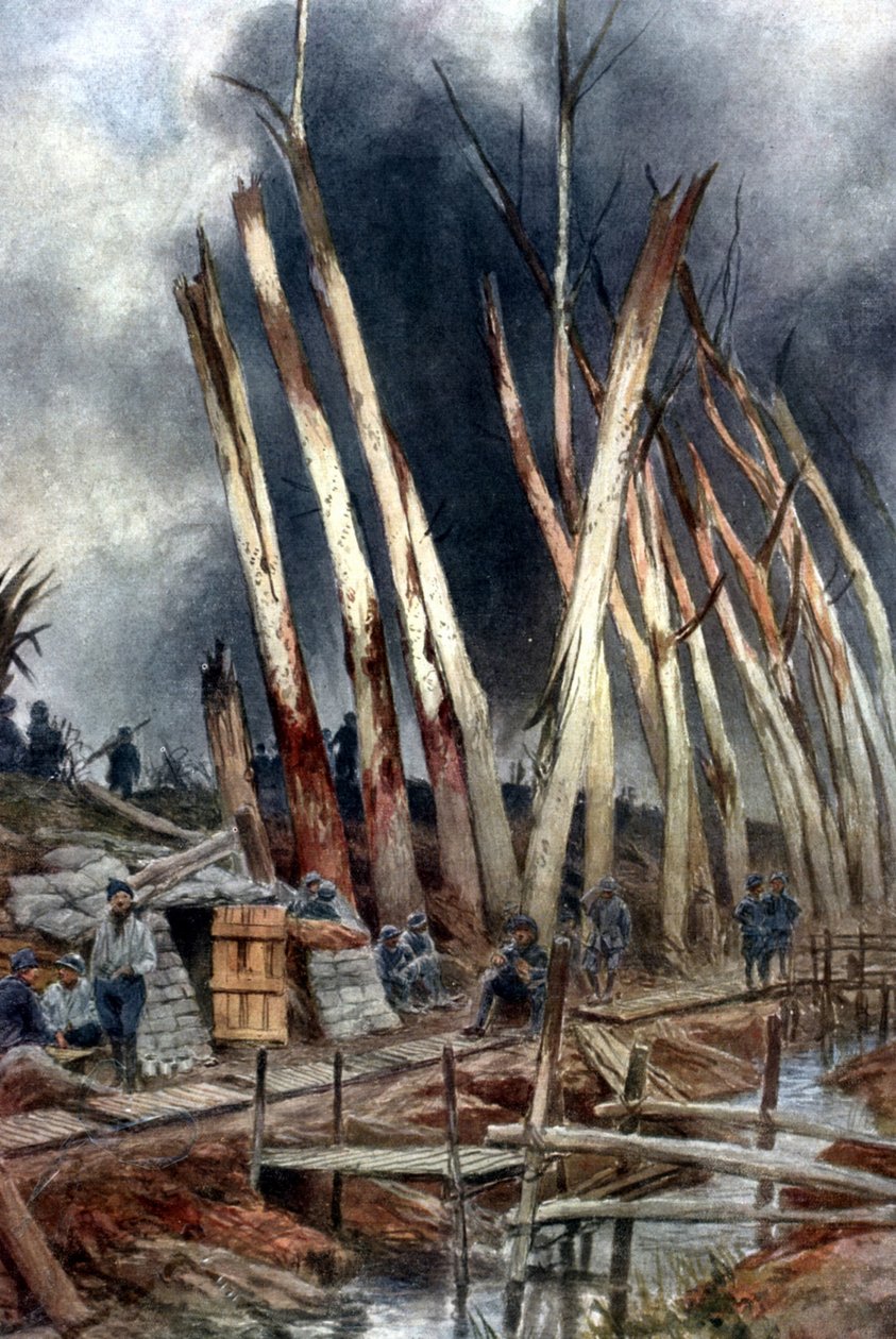 "Offensiven ved Yser (1917)". Fransk linje nær Het-Sas lige før 31. juli. Soldater venter på ordrer mellem træer, der er knust af skud fra tidligere kampe. Efter maleri af Francois Flameng (1856-1923), franskmand. af Francois Flameng