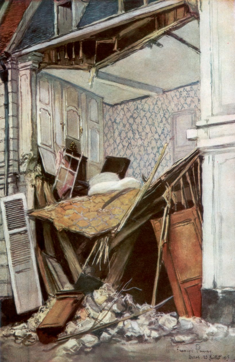 Forsiden af et hus, Arras, Frankrig, 23. juli 1915, 1926. af Francois Flameng