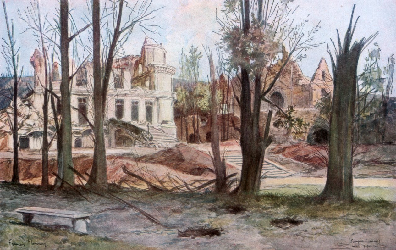 Ruinerne af et hus, Soupir, Første Verdenskrig, april 1917. af Francois Flameng