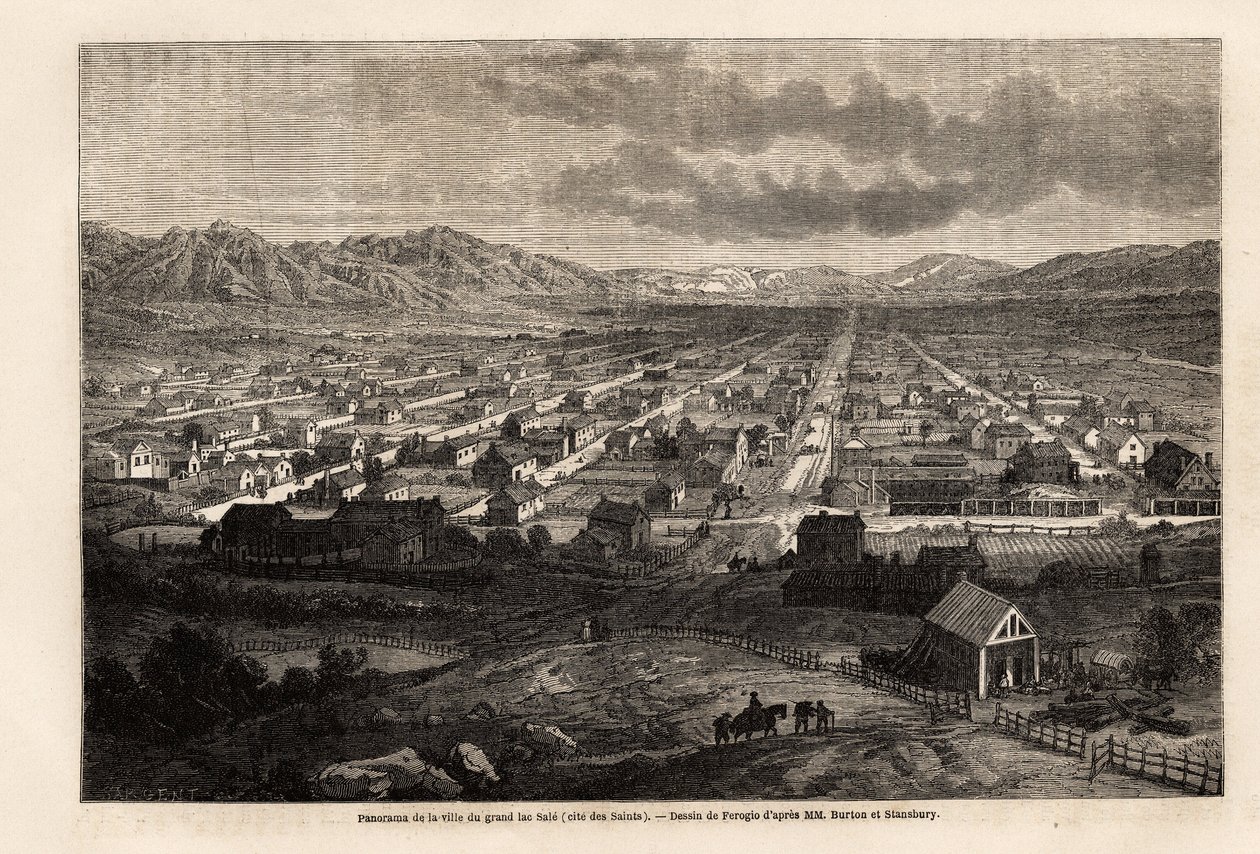 Panorama af byen med den store beskidte sø, citeret de hellige (Utah), tegning af Ferogio, for at illustrere Richard Burtons rejse til byen Saints, hovedstaden i Mormonernes land, i 1860. Indgravering i "" Le tour du monde ””, redigeret af Edouard Charto af Francois Fortune Antoine (after) Ferogio