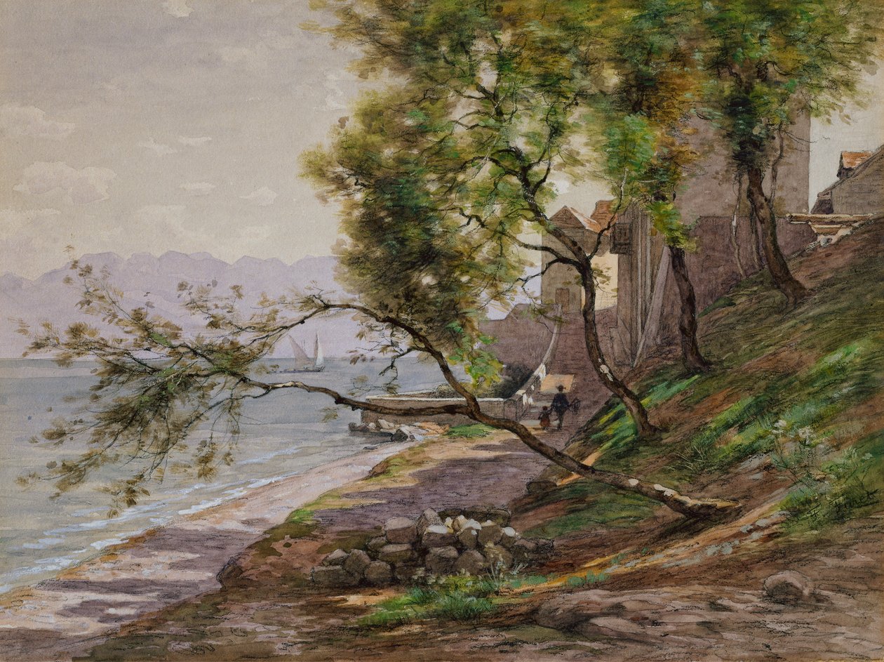 På kanten af Genevesøen (akvarel på papir) af Francois Furet
