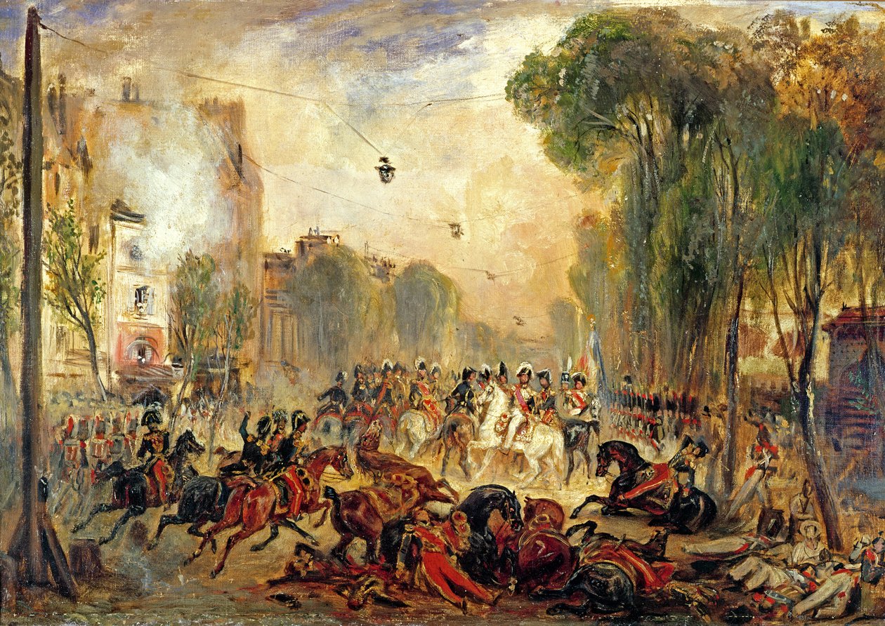 Attentatforsøg på kong Louis-Philippe (1773-1850) af Giuseppe Fieschi (1790-1836) Boulevard du Temple, 28. juli 1835 (olie på lærred) af Francois Gabriel Guillaume Lepaulle