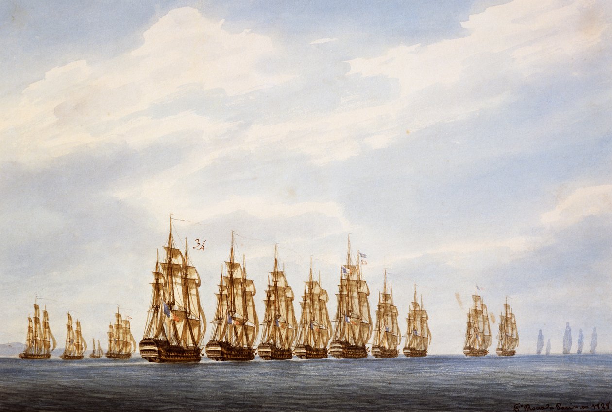 Afgang af eskadrille på ni skibe, tre fregatter og tre korvetter, akvarel af Francois Roux (1811-1882), Frankrig af Francois Geoffroy Roux