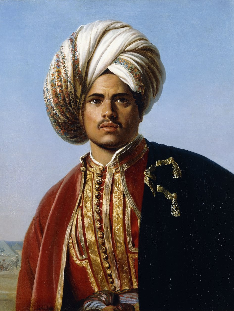 Portræt af en osmannisk prins, halvlængde, i rødt og guld, af Francois Henri Alexandre La Fond