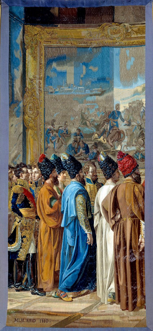 Napoleon I (1769-1821) modtog på slottet Finkenstein i Polen, ambassadør for Shahen af Persien Georges Outrey, Frankrigs vicekonsul i Bagdad, præsenterer Mohammed Mirza Reza. Tapet lavet af Gobelins værksted af Francois Henri Mulard af Francois Henri Mulard