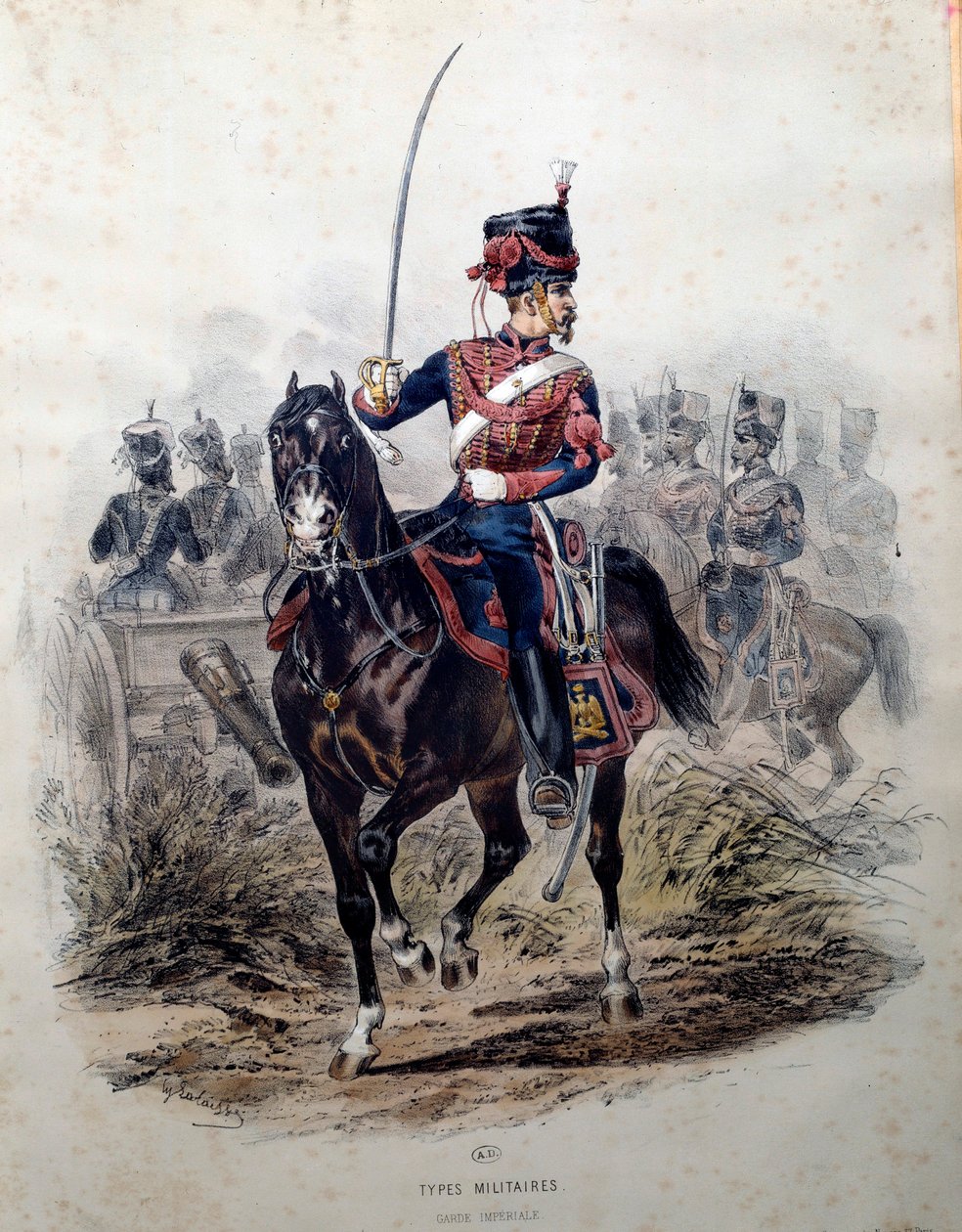 Soldat fra den kejserlige garde til hest. Litografi af Francois Lalaisse (1812-1884) 1860 Paris, dekorativ kunst af Francois Hippolyte Lalaisse