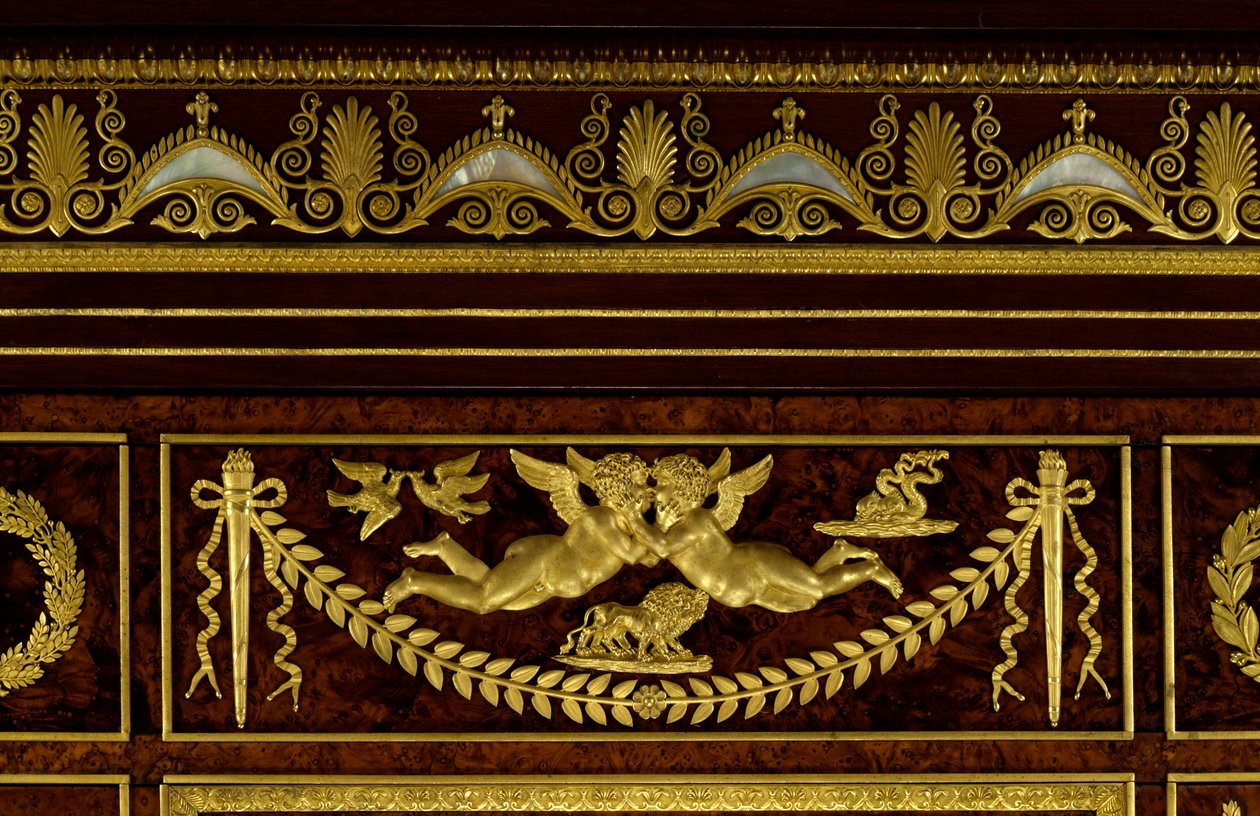 Møbler: detaljer om garderobedrivhusjuvelerne af impress Josephine de Beauharnais (Marie-Joseph-Rose de Tascher de la Pagerie) (Marie Joseph Rose) (1763-1814) lavet af træ, forgyldt bronze af Francois Jacob-Desmalter (Jacob Desmalter ) (1770-1841) af Francois Honore Georges Jacob Desmalter