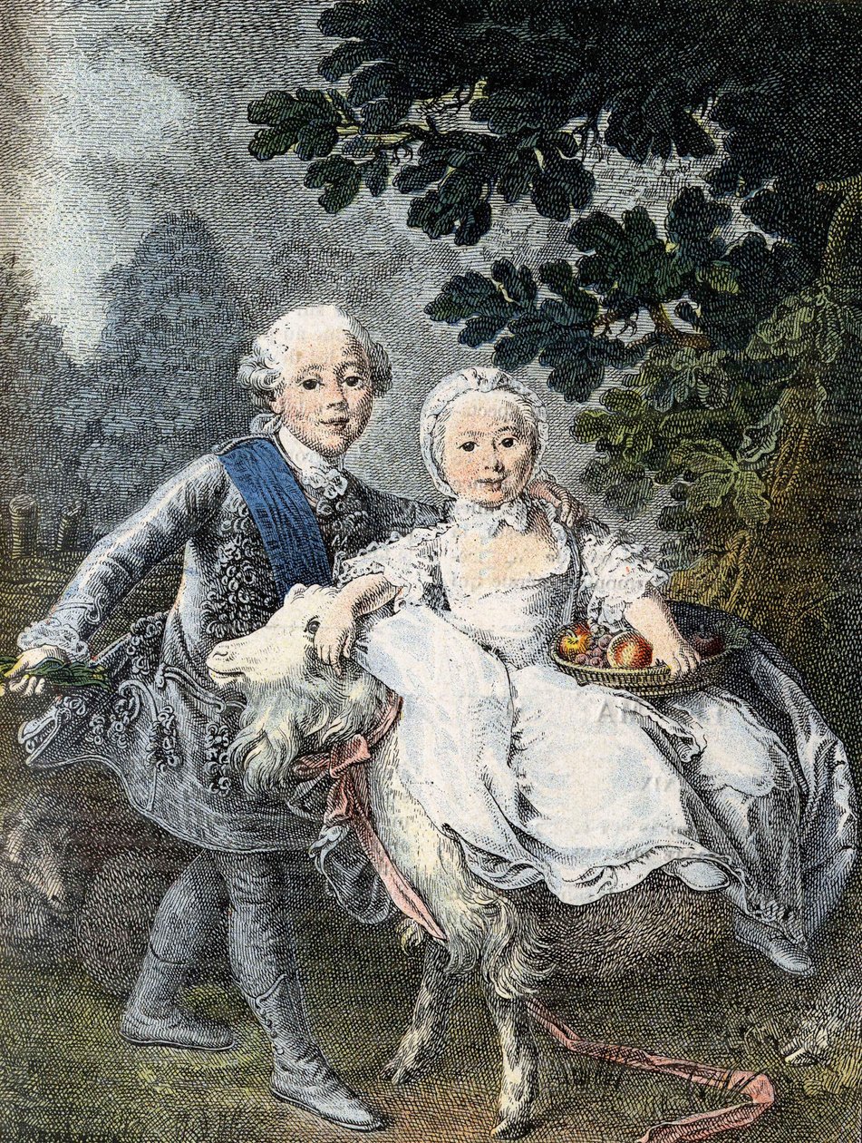 Greven af Artois barn (fremtidig kong Karl X) (1757-1836) og hans søster Marie Clotilde Xavière (fremtidig dronning af Sardinien) (1759-1802) - repræsenteret i 1764. Indgravering 1800-tallet efter maleriet af François Hubert Drouais. af Francois Hubert (manner of) Drouais