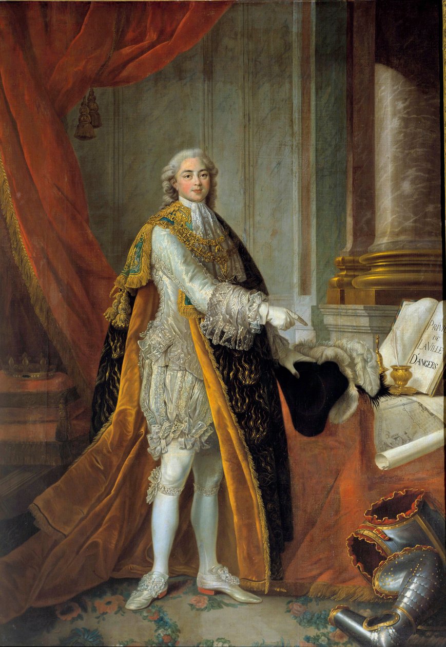 Portræt for foden af Louis Stanislas Xavier af Frankrig (fremtidig Ludvig XVIII), greve af Provence (1755-1824) i stor kjole af Helligåndsordenen (Helligåndens Orden) og præsenterer privilegierne for byen Angers" ”””” Maleri af Francois af Francois Hubert Drouais