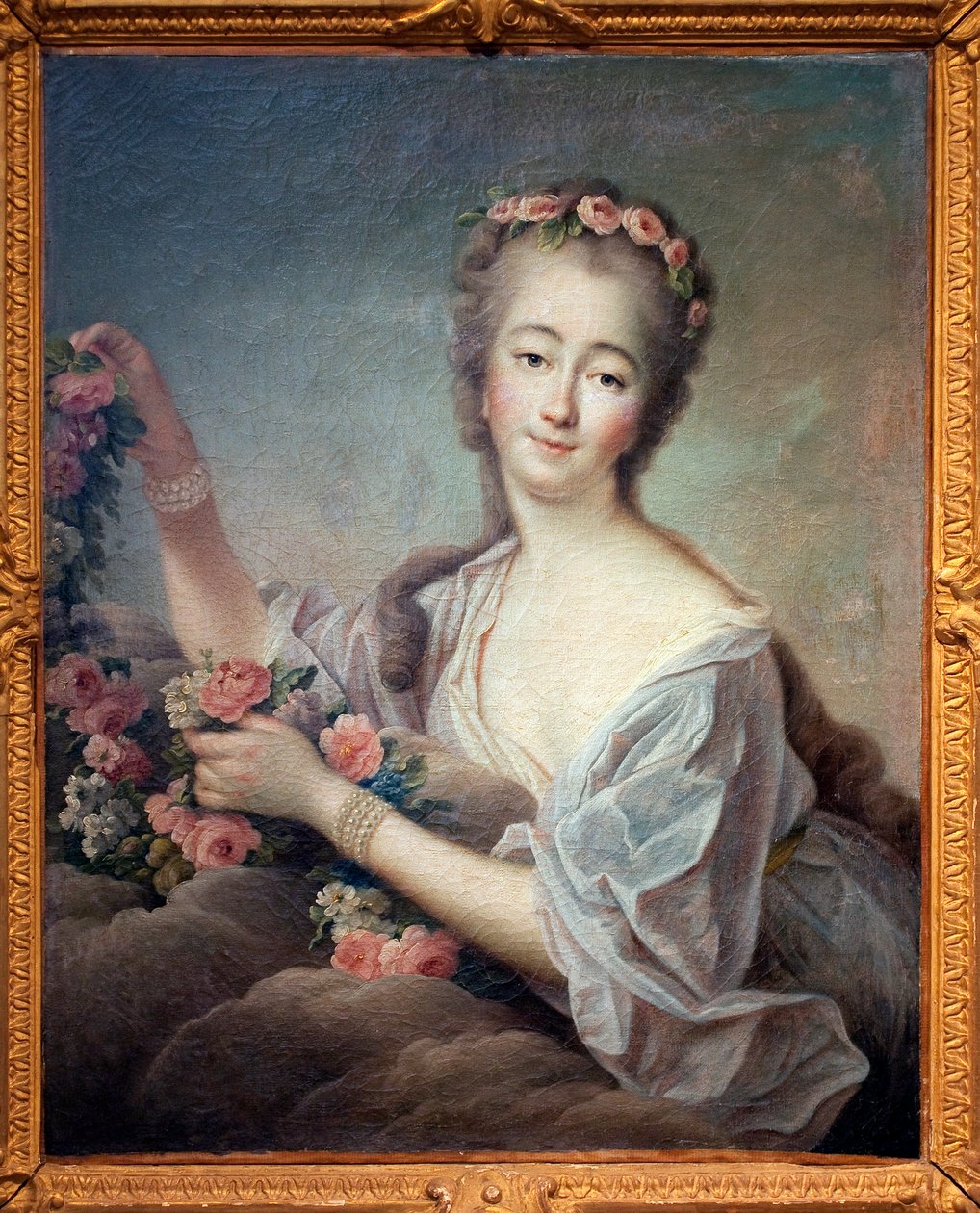 Portræt af Madame du Barry en Flore (Jeanne Becu, grevinde (eller madame) af Barry (1743-1793) - Maleri af Francois Hubert Drouais (1727-1775), olie på lærred af Francois Hubert Drouais
