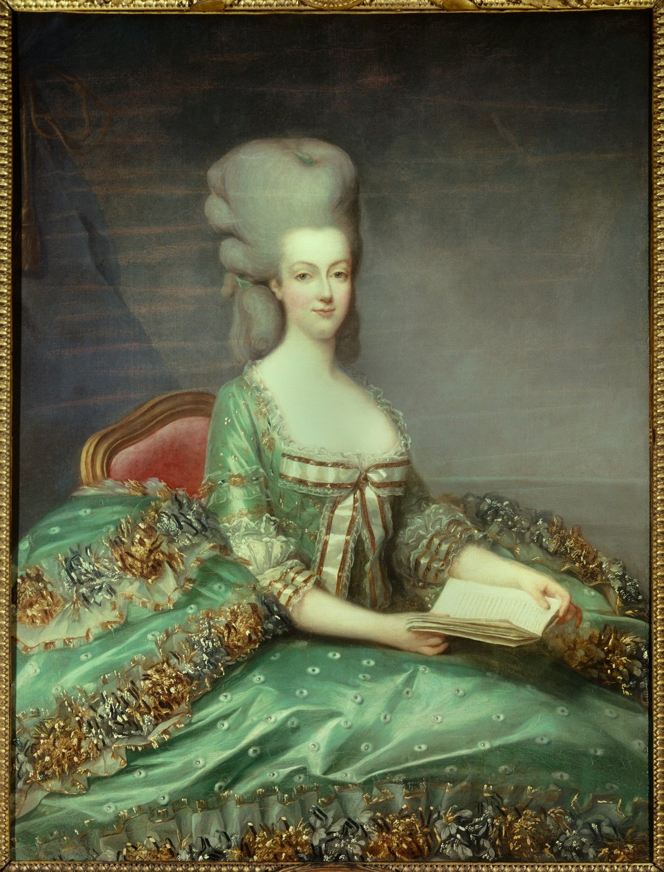 Portræt af Marie Antoinette (1755-1793) Dronning af Frankrig Dette portræt blev givet af dronningen til sin skriftefader i 1781. Maleri af Francois Hubert Drouais (1727-1775) 1700-tallets privatsamling - Portræt af Marie Antoinette (1755-1793), Dronning af af Francois Hubert Drouais