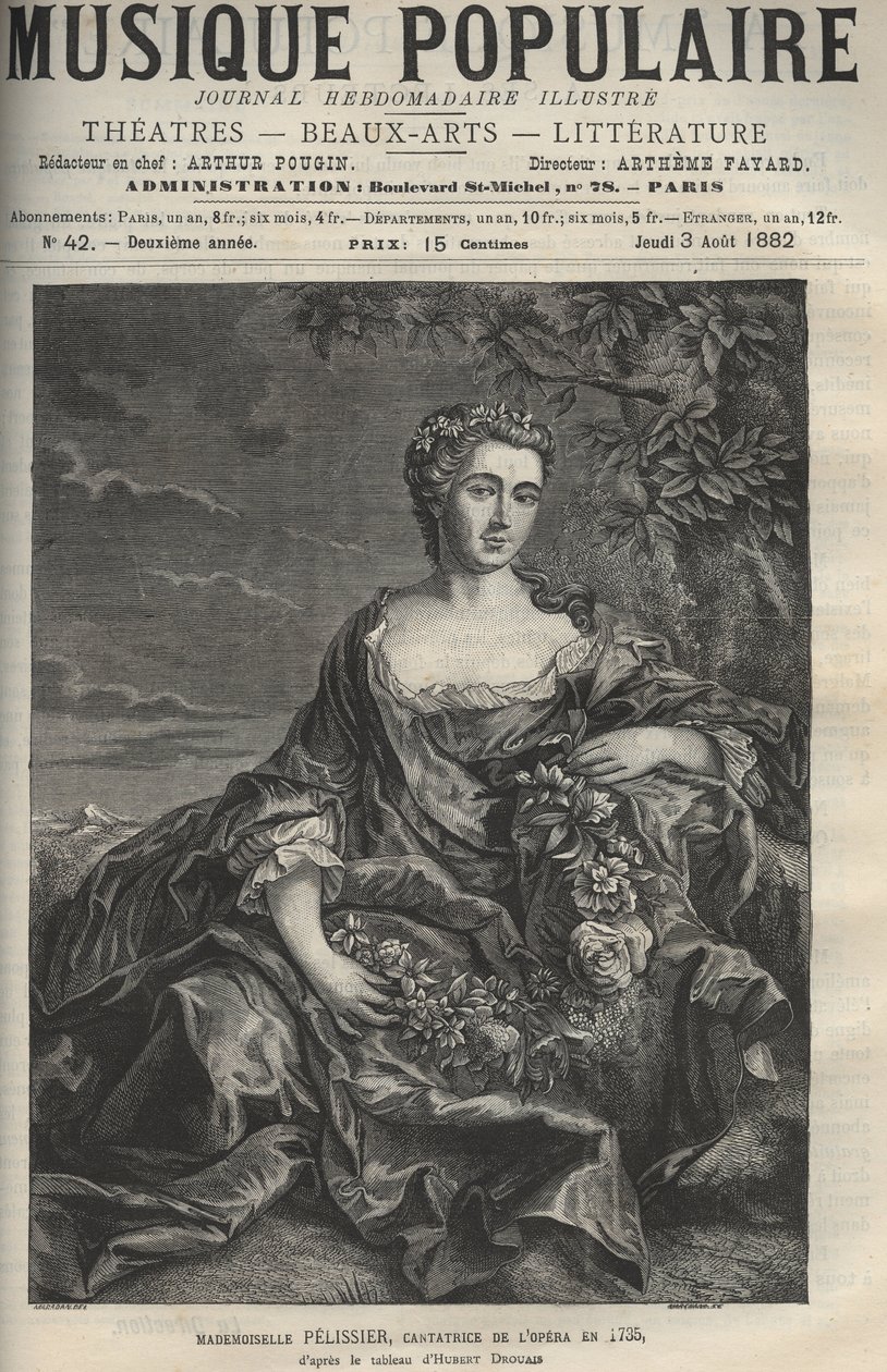Portræt af Marie Pelissier (eller Pellissier) (1707-1749), fransk operasangerinde - gravering efter maleriet Hubert Drouais - gravering i "" La musique populaire""" illustreret ugeavis - 1882 af Francois Hubert Drouais