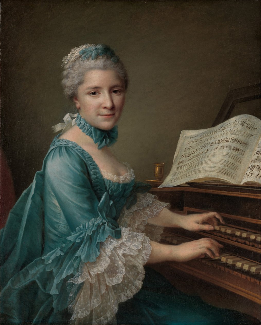 Portræt af en kvinde, siges at være Madame Charles Simon Favart, 1757 af Francois Hubert Drouais