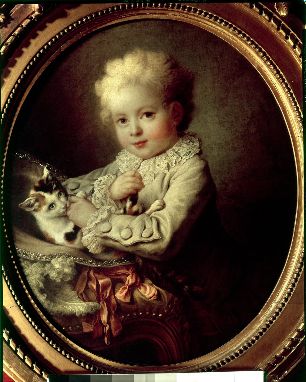 Portræt af en ung dreng, der leger med en kat Maleri af Francois Hubert Drouais (1727-1775) Paris fra det 18. århundrede, Musée Jacquemart Andre af Francois Hubert Drouais
