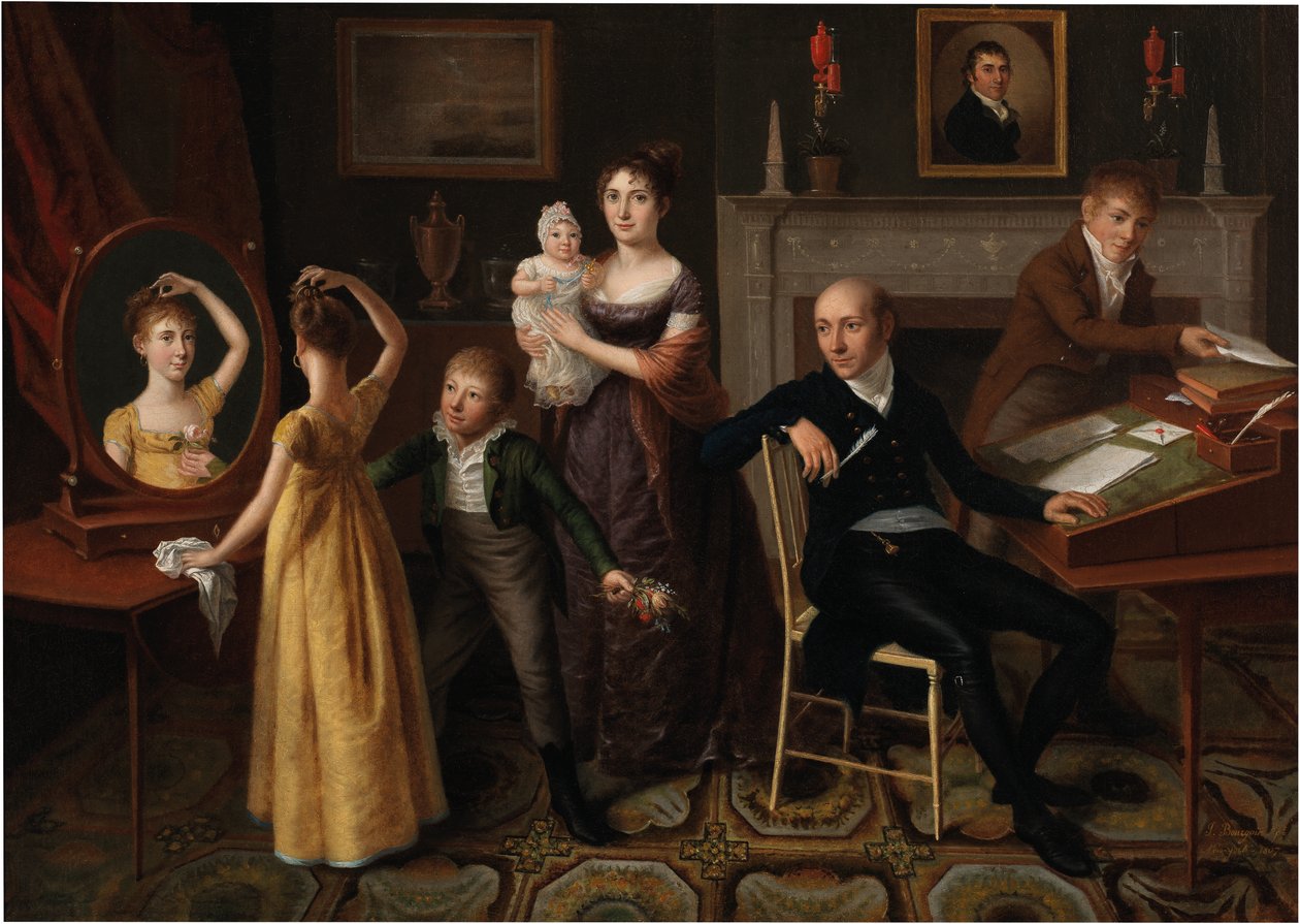 Familiegruppe i et interiør i New York af Francois Joseph Bourgoin