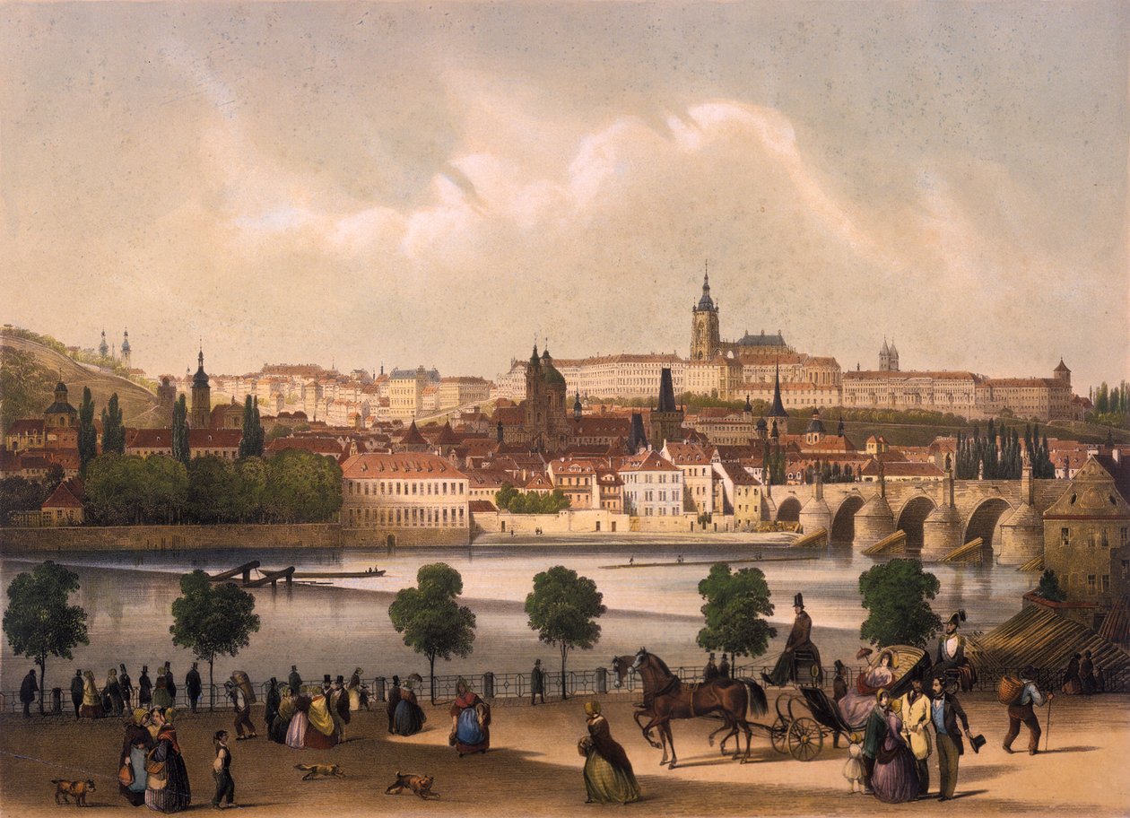 Udsigt over det lille kvarter og Prags borg Hradcany, ca. 1845 af Francois Joseph Sandmann