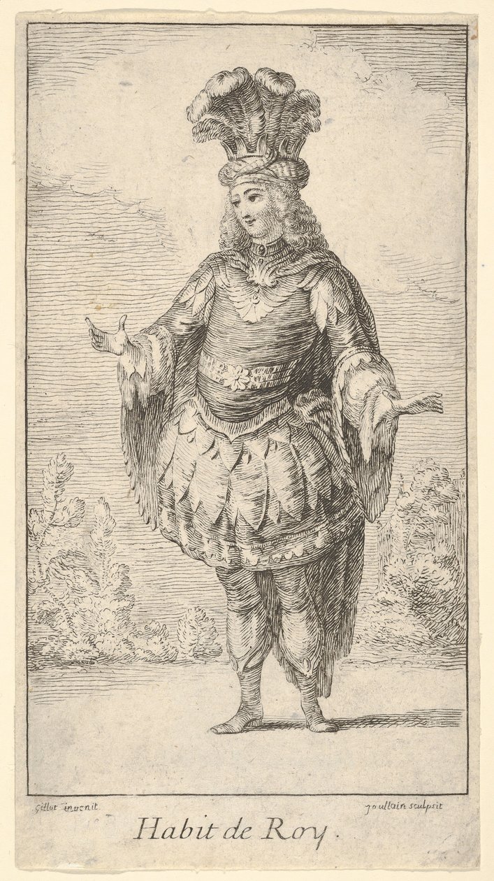 Habit de Roy: en mand iført en tonnelet dekoreret med rosetter, en krone og en turban med..., ca. 1721. af Francois Joullain