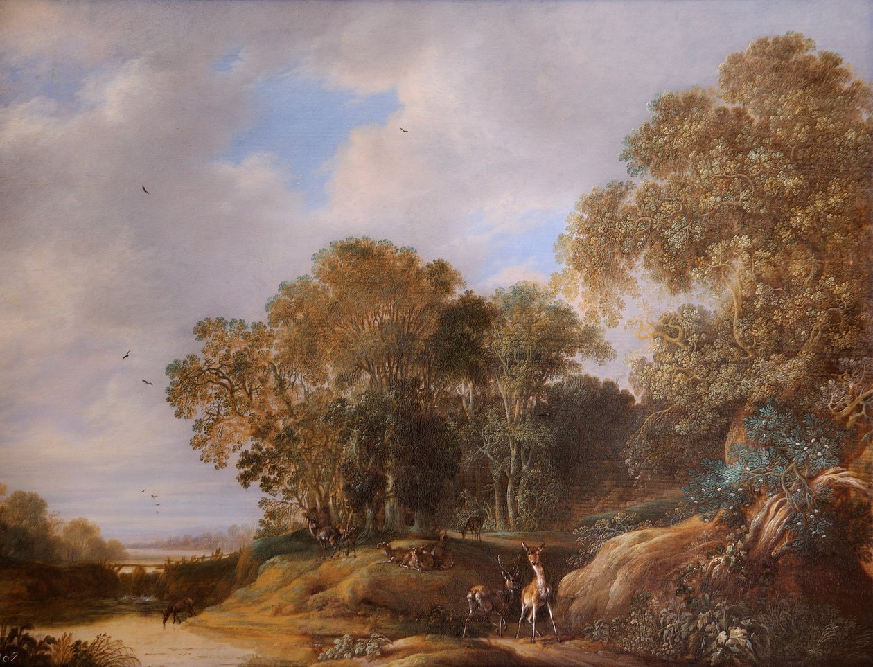 Landskab med hjorte (olie på egetræspanel) af Francois Knibbergen