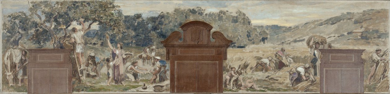 Skitse til forsamlingshuset i Pantin: La cueillette. La moisson, i 1886 (olie på lærred) af Francois Lafon