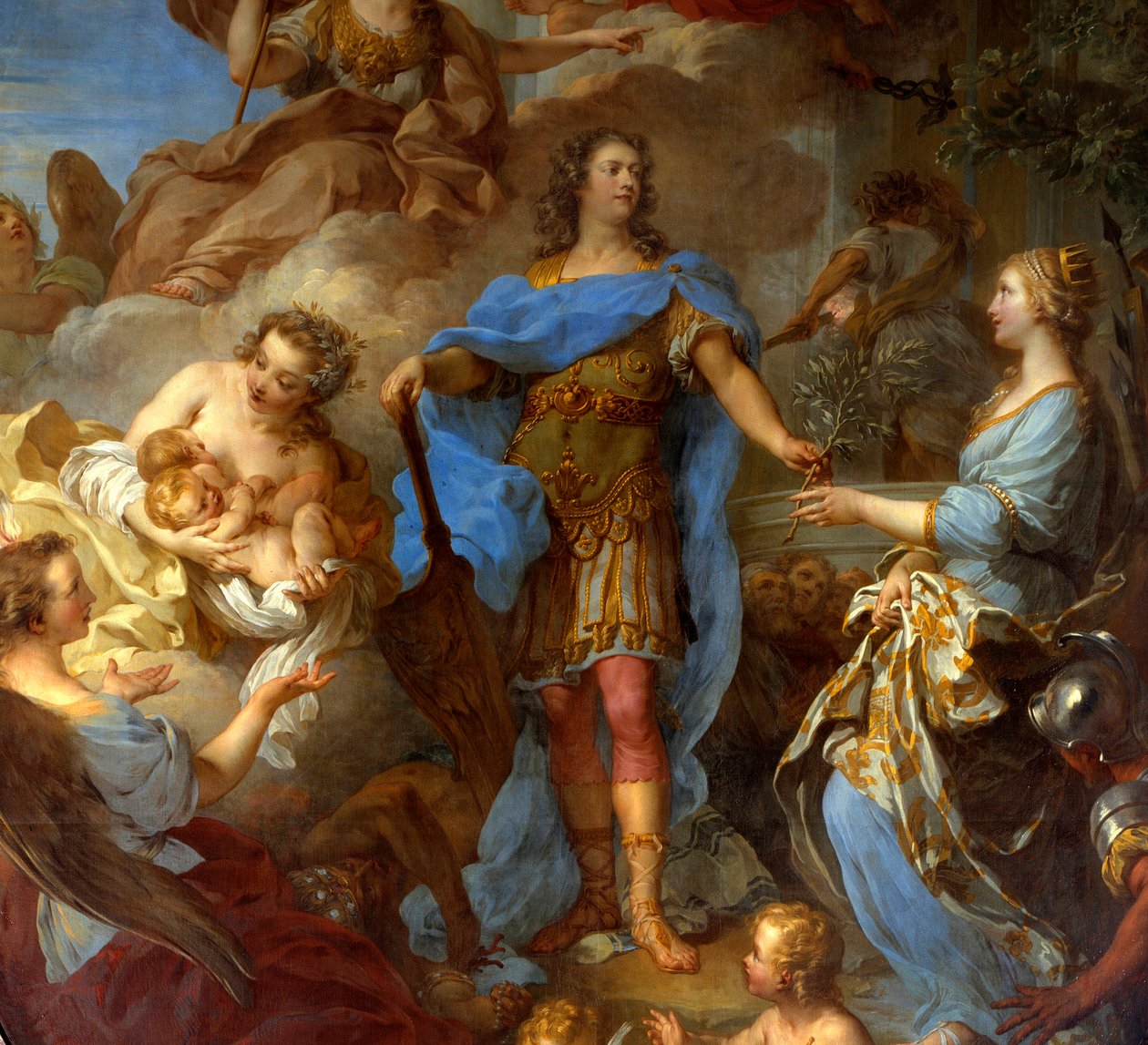 Detalje af "" Kong Ludvig XV (1710-1774) giver fred til Europa"" Allegori på tidspunktet for traktaten om Sevilla, gudinden Minerva er repræsenteret. Maleri af Francois le Moyne (1688-1737) 1729 søn. 3,82x2,95 m - Detalje af kong Ludvig XV (1710-1774) brin af François Lemoyne