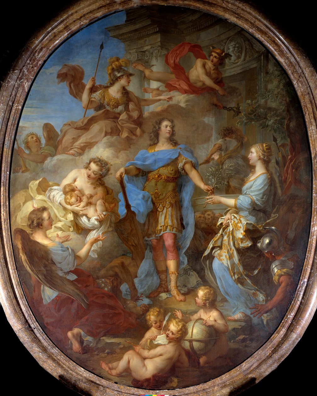 Kong Ludvig XV (1710-1774) giver fred til Europa Allegorie på tidspunktet for traktaten om Sevilla, gudinden Minerva er repræsenteret. Maleri af Francois le Moyne (1688-1737) 1729 søn. 3,82x2,95 m . af François Lemoyne