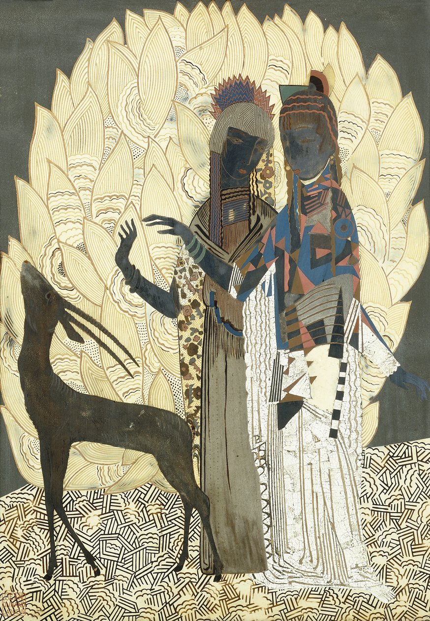 To stiliserede kvinder med en antilope blandt løv, ca. 1928 (lak og coquille d