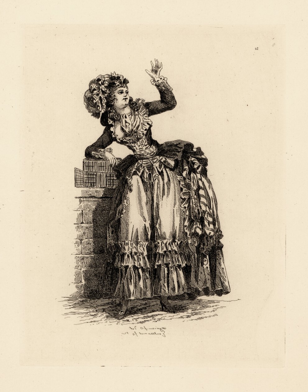 Moderigtig kvinde i motorhjelm a la Nicolet, Marie Antoinettes æra (radering) af Francois Louis Joseph (after) Watteau