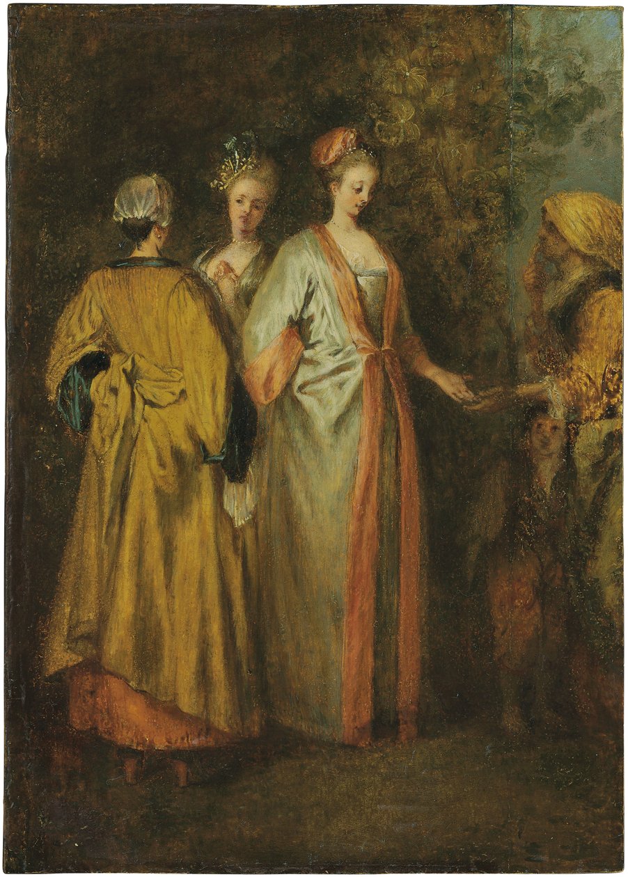 The Fortune Teller (olie på panel) af Francois Louis Joseph (attr. to) Watteau