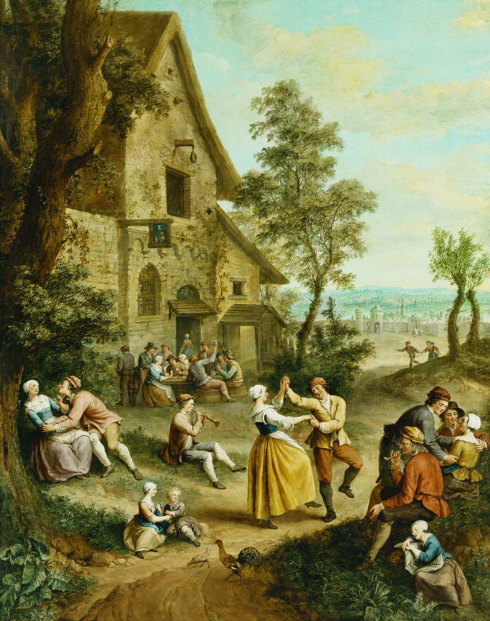 Bønder danser og hygger sig foran et værtshus, en befæstet by hinsides, af Francois Louis Joseph Watteau