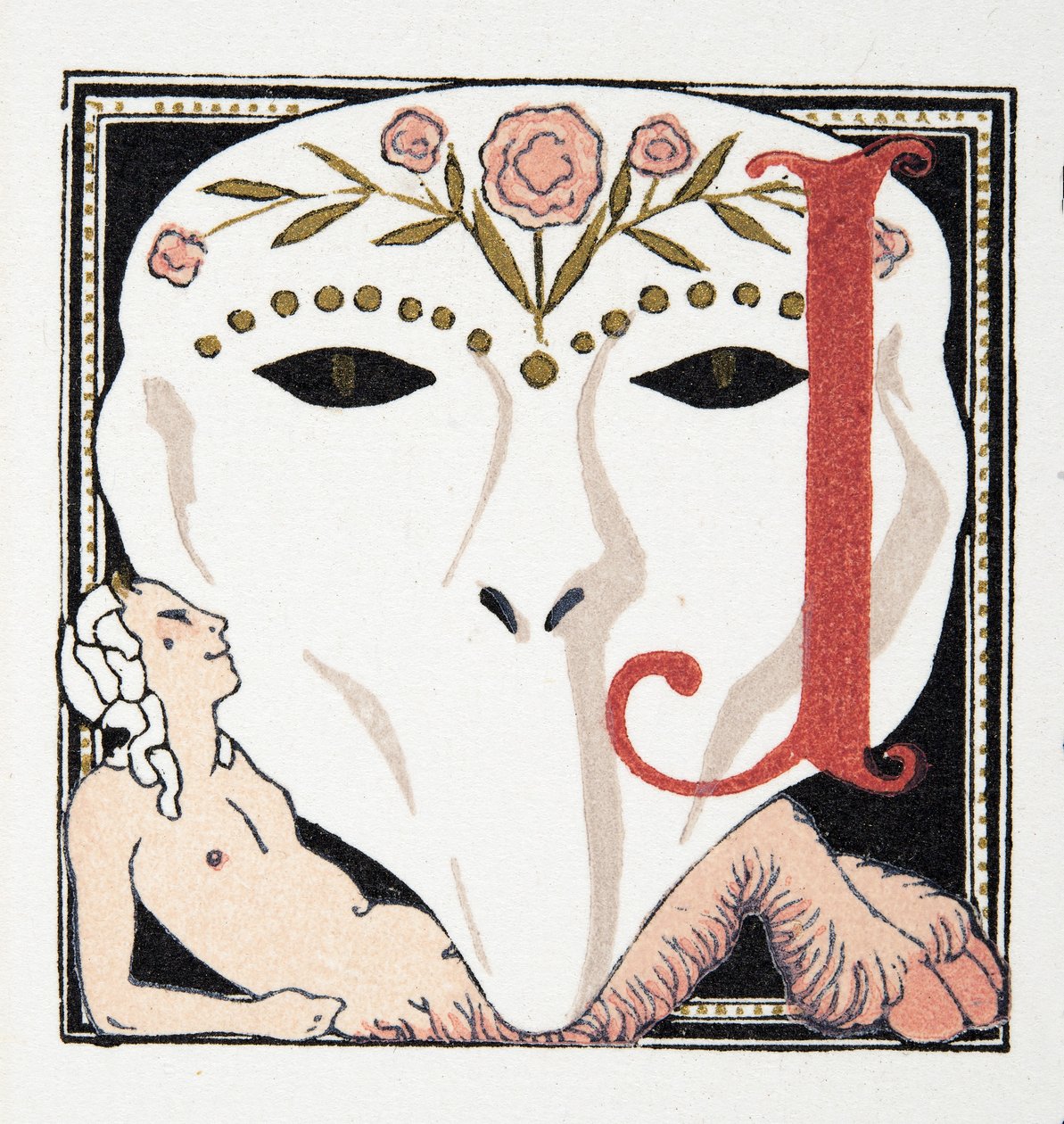 Bogstav J, fra Personages de Comedie, pub. 1922 (stenciltryk) af Francois Louis Schmied